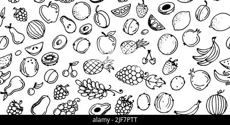 Fruits de jardin. Plantes alimentaires comestibles. Motif sans couture. Mise en plan monochrome. Contour du dessin à la main. Isolé sur fond blanc. Vecteur Illustration de Vecteur