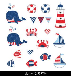 Ensemble de mer mignon - baleine à nain, crabe, phare, bateau, poisson. Illustration du vecteur marin. Illustration de Vecteur