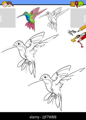 Illustration de dessin et de coloriage d'activités éducatives pour les enfants avec le personnage animal d'oiseau-colibri Illustration de Vecteur