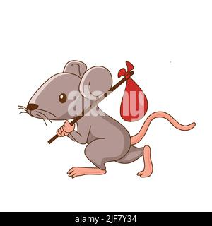 rat de souris tenant le paquet sur bâton et le vecteur de marche illustration art Illustration de Vecteur