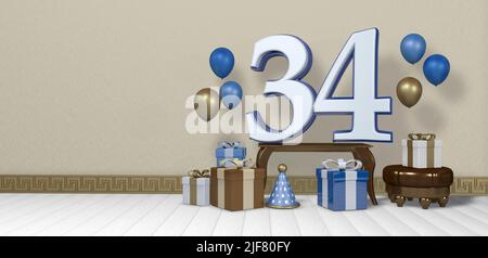 Numéro blanc 34 avec bordure bleue sur une table en bois entourée de boîtes-cadeaux marron clair, bleu et blanc et ballons flottant sur un plancher en bois en vide Banque D'Images