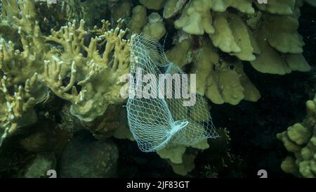 Les articles de cuisine en plastique mis au rebut pendent du récif de corail. Pollution plastique de l'océan. Sac en plastique en maille accroché à un magnifique corail Banque D'Images