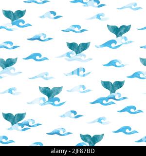 Motif sans couture avec queues de baleine aquarelle et vagues de mer. Illustration de Vecteur
