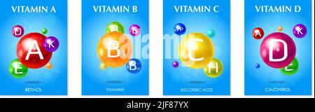 Suppléments de multivitamines 4 3D affiches de publicité réaliste coloré ensemble avec vitamines essentielles fond bleu illustration de vecteur isolé Illustration de Vecteur