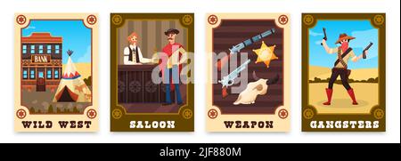 Ensemble de quatre affiches verticales de cow-boy sauvage de l'Ouest avec texte de type vintage et illustration vectorielle d'images de style doodle Illustration de Vecteur