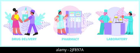 Pharmacie jeu plat de la livraison de médicaments pharmacie laboratoire pharmaceutique compositions isolées illustration vectorielle Illustration de Vecteur