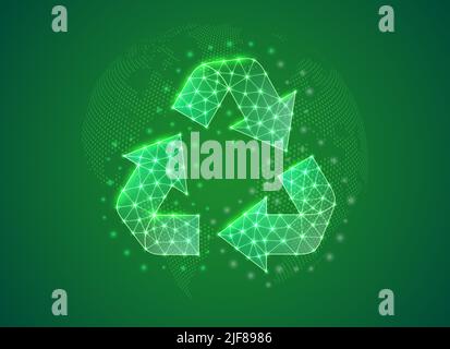 Recyclez 3D symboles poly bas sur fond vert de la carte du monde. Illustration du concept de recyclage des déchets. Symbole polygonal écologique avec points connectés Illustration de Vecteur