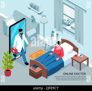 Composition isométrique de fond de médecine en ligne avec vue du salon et de la personne malade avec smartphone médecin illustration vectorielle Illustration de Vecteur