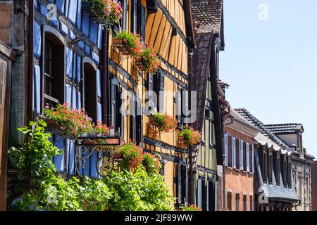 Riquewihr est une ville médiévale classée. Il est situé dans les vignobles les plus connus d'Alsace | Riquewihr est une cité medievale classee célébration nichee Banque D'Images