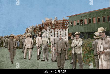 Guerre d'indépendance de Cuba (1895-1898). Île de Cuba. Train militaire conduisant des troupes. Gravure. Coloration ultérieure. La Ilustración Española y Americana, 1898. Banque D'Images