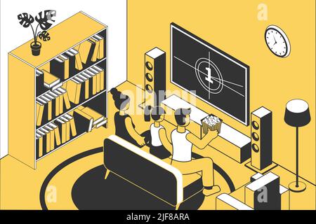 Mère père et fille assis sur un canapé regardant le cinéma à la maison et mangeant pop-corn 3D illustration vectorielle isométrique Illustration de Vecteur
