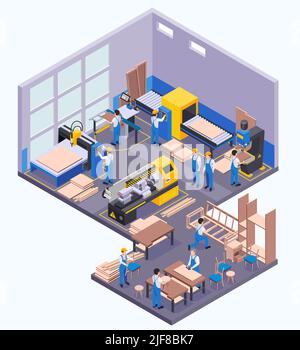 Production de meubles illustration vectorielle isométrique du plancher d'usine avec ouvriers et équipement moderne pour le sciage à pression du bois Illustration de Vecteur