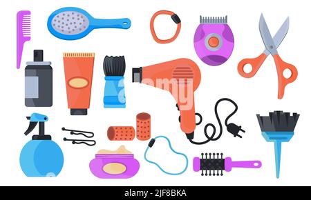 Accessoires de coiffeur, peigne et sèche-cheveux. Beauté sèche-cheveux outil de salon et couleur élément de cheveux design illustration vectorielle. Backgroun de l'équipement de coiffeur Illustration de Vecteur