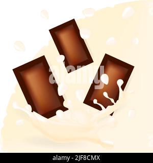 Morceaux de chocolat au lait tombant avec des gouttes de chocolat blanc et des éclaboussures. Convient aux dépliants, à la publicité, aux affiches, aux autocollants et aux cartes postales Illustration de Vecteur