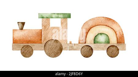 Aquarelle illustration éco jouet bébé. Décoration de chambre, train de bois. Tracé à la main isolé sur fond blanc. Parfait pour carte, invitation, douche de bébé, t Banque D'Images