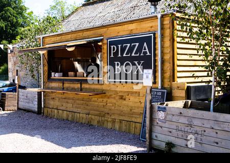 Pizza Box, kiosque à manger extérieur en bois à la ferme Balcove Larder et café Strathtyrum Farm, Strathtyrum, St Andrews, Fife Scotland Royaume-Uni – 07 25 2021 Banque D'Images