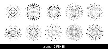 Ensemble de rayons scintillants à feu d'artifice. Collection abstraite éclatant de soleil. Différents rayons de soleil ou feux d'artifice scintille les rayons. Éléments graphiques du cercle de lumière du soleil. Plusieurs options de lumière solaire en rafale. Vecteur Illustration de Vecteur