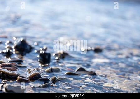 Un foyer sélectif de petits cailloux humides dans une eau brillante Banque D'Images