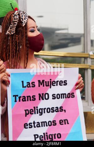 Lima, Pérou. 30th juin 2022. 'Les femmes trans ne sont pas dangereuses, On est en danger" peut être lu sur une bannière quand des femmes transgenres de la communauté LGBT et des sympathisants tiennent un sit-in devant le bureau du procureur pour protester contre le manque de sécurité et l'agression et l'extorsion dont elles sont victimes par des proxénètes. Sur 29 juin 'haron' une femme transgenre a été abattu dans le centre-ville de Lima pour ne pas avoir payé la protection aux proxénètes. Credit: Agence de presse Fotoholica/Alamy Live News Banque D'Images