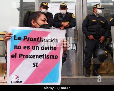 Lima, Pérou. 30th juin 2022. "La prostitution n'est pas un crime, le proxénétisme est" peut être lu sur une bannière lorsque des femmes transgenres de la communauté LGBT et des sympathisants tiennent un sit-in devant le bureau du procureur pour protester contre le manque de sécurité et l'agression et l'extorsion dont elles sont victimes par des proxénètes. Sur 29 juin 'haron' une femme transgenre a été abattu dans le centre-ville de Lima pour ne pas avoir payé la protection aux proxénètes. Credit: Agence de presse Fotoholica/Alamy Live News Banque D'Images