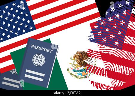 Migration / Immigration : DRAPEAUX et passeports AMÉRICAINS et mexicains Banque D'Images