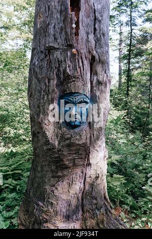 Face sculptée dans une souche, un arbre dans la forêt. Photo de haute qualité Banque D'Images