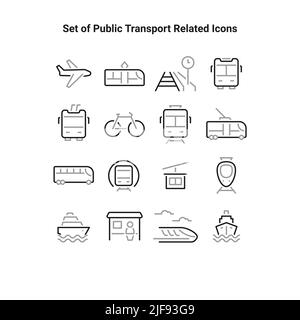 Ensemble simple d'icônes de lignes vectorielles liées au transport public. Collection d'icônes de transport public. Ensemble simple d'icônes de lignes vectorielles liées au transport public. Illustration de Vecteur