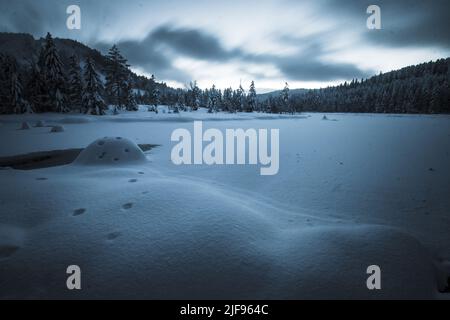 Vue rêveuse du lac gelé de Lispach dans les Vosges (France) à l'heure bleue avec ciel moody Banque D'Images