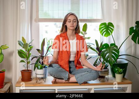 Consciente calme belle femme d'affaires s'asseoir à la maison de bureau parmi les plantes de la maison faire l'exercice de yoga, prendre la pause, détendre les yeux fermés. Jeune femme freelance méditer sur le lieu de travail en position lotus, sentir zen, pas de stress, paix d'esprit concept. Banque D'Images