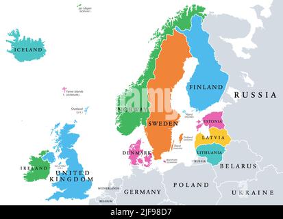 Europe du Nord, sous-région et géochimie, carte politique. Les îles situées au large de la partie continentale de l'Europe du Nord et des pays du principal continent européen. Banque D'Images