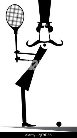 Monsieur joue au tennis illustration isolé. Dans l'homme moustache top hat joue au tennis noir sur blanc Illustration de Vecteur