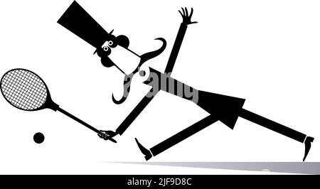 Monsieur joue au tennis illustration isolé. Dans l'homme moustache top hat joue au tennis noir sur blanc Illustration de Vecteur