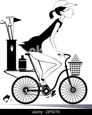 Une jeune femme souriante sur le vélo est sur le chemin du parcours de golf noir sur blanc illustration Illustration de Vecteur
