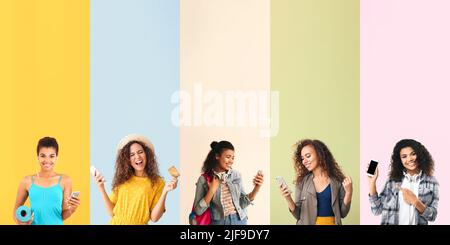 Collage de jeunes femmes afro-américaines avec téléphone mobile sur fond de couleur avec espace pour le texte Banque D'Images