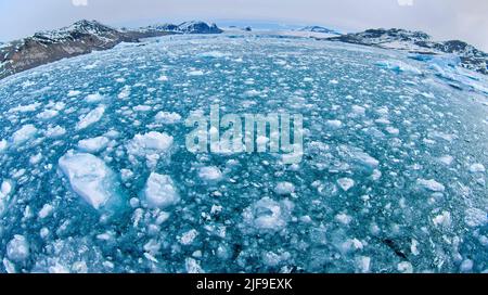 Dérive de la glace flottante et des montagnes enneigées, Iceberg, flotteurs de glace, Albert I Land, Arctique, Spitzbergen, Svalbard, Norvège, Europe Banque D'Images