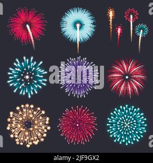 Ensemble de feux d'artifice aux couleurs vives et réalistes, isolés sur une illustration vectorielle d'arrière-plan noire Illustration de Vecteur