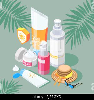 Crème solaire composition isométrique avec ensemble de produits de protection solaire crèmes et spray avec chapeau et lunettes de soleil vecteur illustration Illustration de Vecteur