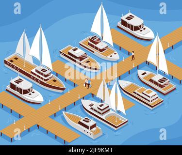 Yachts voile et bateaux à moteur et les gens qui vont le long de la jetée 3D illustration vectorielle isométrique Illustration de Vecteur