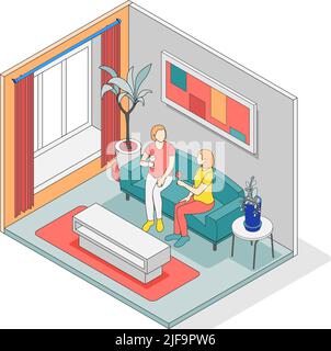 Concept d'auto-soin composition isométrique avec pièce isolée avec des murs et deux personnes à l'intérieur de l'illustration vectorielle Illustration de Vecteur