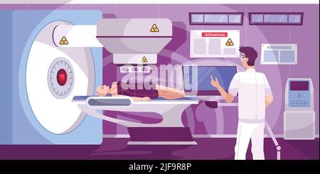 Un technicien en oncologie administre un traitement de radiothérapie par radiothérapie à une patiente atteinte d'un cancer du poumon à tête blanche, illustration d'un vecteur horizontal de composition plate Illustration de Vecteur