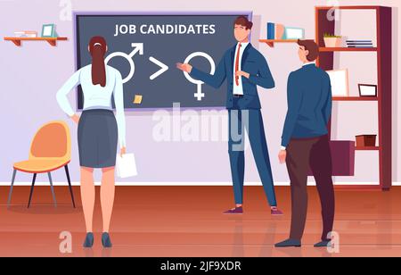 Discrimination de genre fond plat avec des candidats d'emploi de sexe masculin et féminin dans l'illustration vectorielle de bureau Illustration de Vecteur