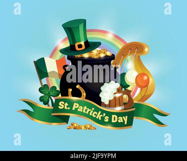 Saint patricks jour composition horizontale avec texte sur ruban drapeau de l'irlande chapeau trèfle et illustration de vecteur arc-en-ciel Illustration de Vecteur