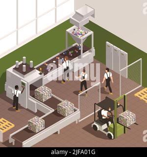 Tri des déchets contexte isométrique avec le personnel travaillant sur le convoyeur de l'usine de recyclage 3D illustration vectorielle Illustration de Vecteur