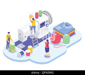 Industrie de la filature de l'usine textile composition isométrique avec de petits caractères de travailleurs au-dessus de l'illustration vectorielle de machine à coudre Illustration de Vecteur