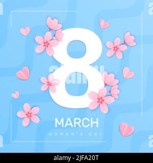 8 mars composition carrée de jour de womans avec cadre abstrait de fond et grand chiffre avec fleurs pétales illustration vectorielle Illustration de Vecteur