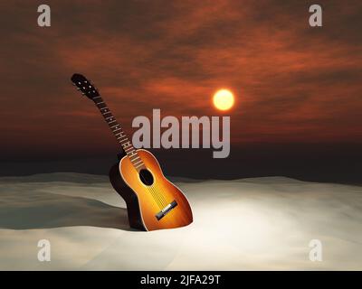 Guitare dans le sable au coucher du soleil Banque D'Images