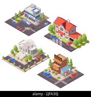 Ensemble de compositions isométriques avec 3D bâtiments urbains modernes résidentiels et publics isolés sur fond blanc illustration vectorielle Illustration de Vecteur