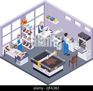 Chaussure production chaussures composition isométrique avec vue intérieure de la pièce avec les créateurs et les ouvriers d'usine personnages illustration vectorielle Illustration de Vecteur