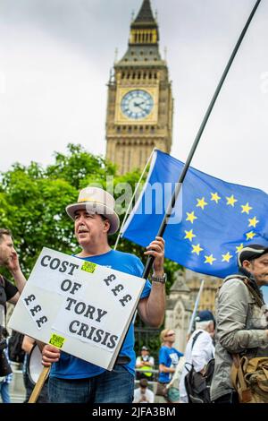 GRANDE-BRETAGNE / Angleterre / le militant anti-Brexit Steve Bray tient un placards devant les chambres du Parlement le 18 juin 2022 à Londres . Banque D'Images