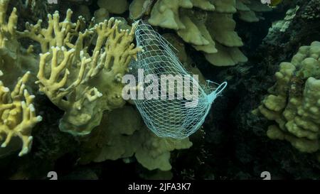 Les articles de cuisine en plastique mis au rebut pendent du récif de corail. Pollution plastique de l'océan. Sac en plastique en maille accroché à un magnifique corail Banque D'Images